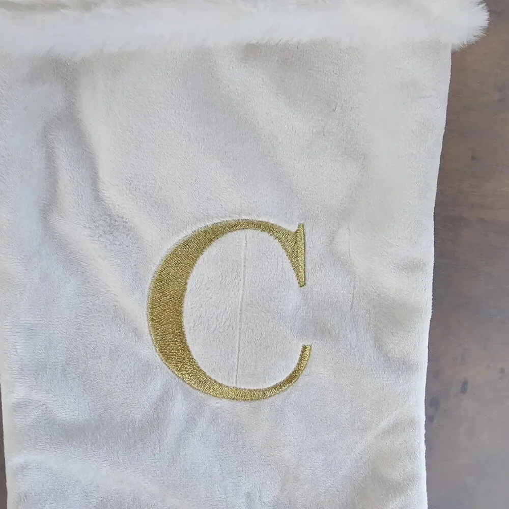 White Plush Cuffed Hanging Christmas Stocking With Gold Monogrammed 